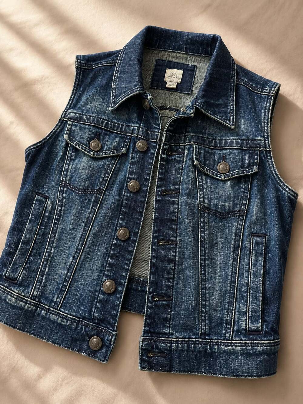 LC Lauren Conrad Women's Washed Blue Denim Vest with Button Front and Pockets